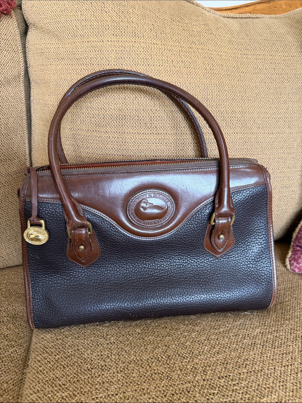 Dooney & Bourke Dark Brown Pebbled Leather Satchel with Chestnut Trim